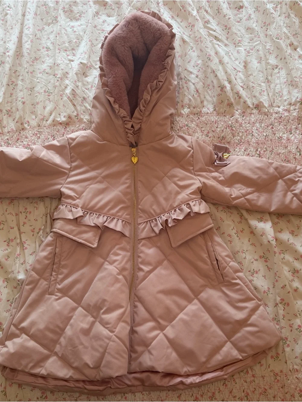 Angel's Face Girls Pink Hooded Coat with Ruffle Trim - size 4-5Y